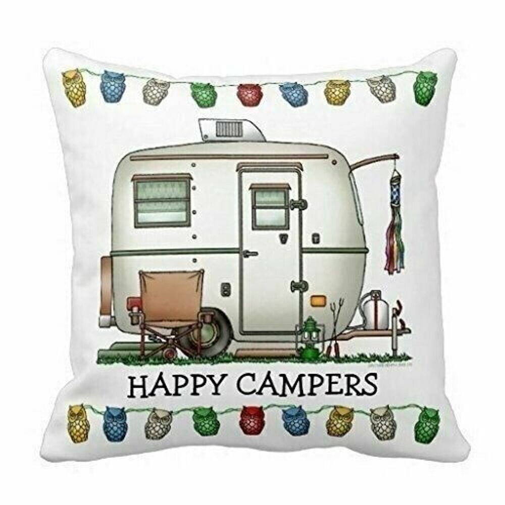 Happy Campers Trailer Pillow Cover Sham Owls Hidden Zipper 17-in Retro Gift NEW